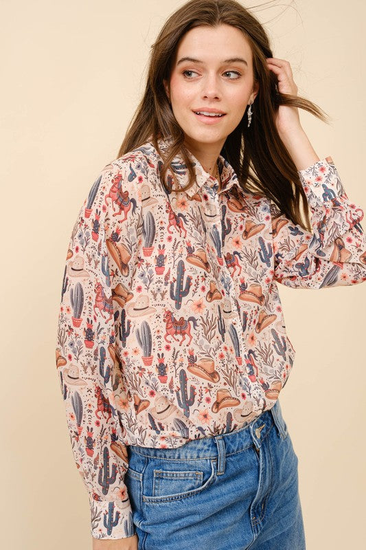 Sage Western Print Chiffon Button Up Blouse