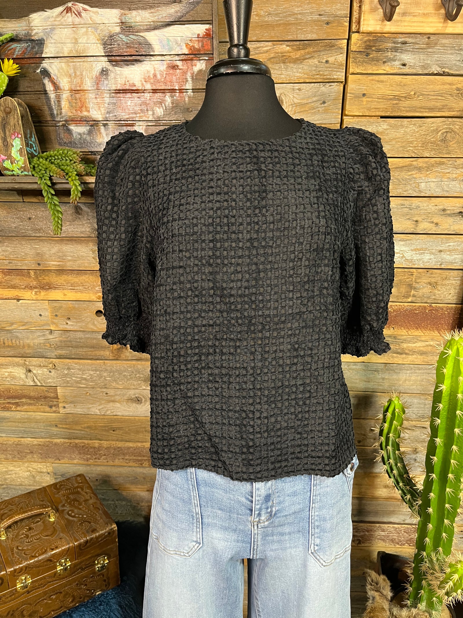 Del Norte Textured Round Neck Puff Sleeve Blouse - Black