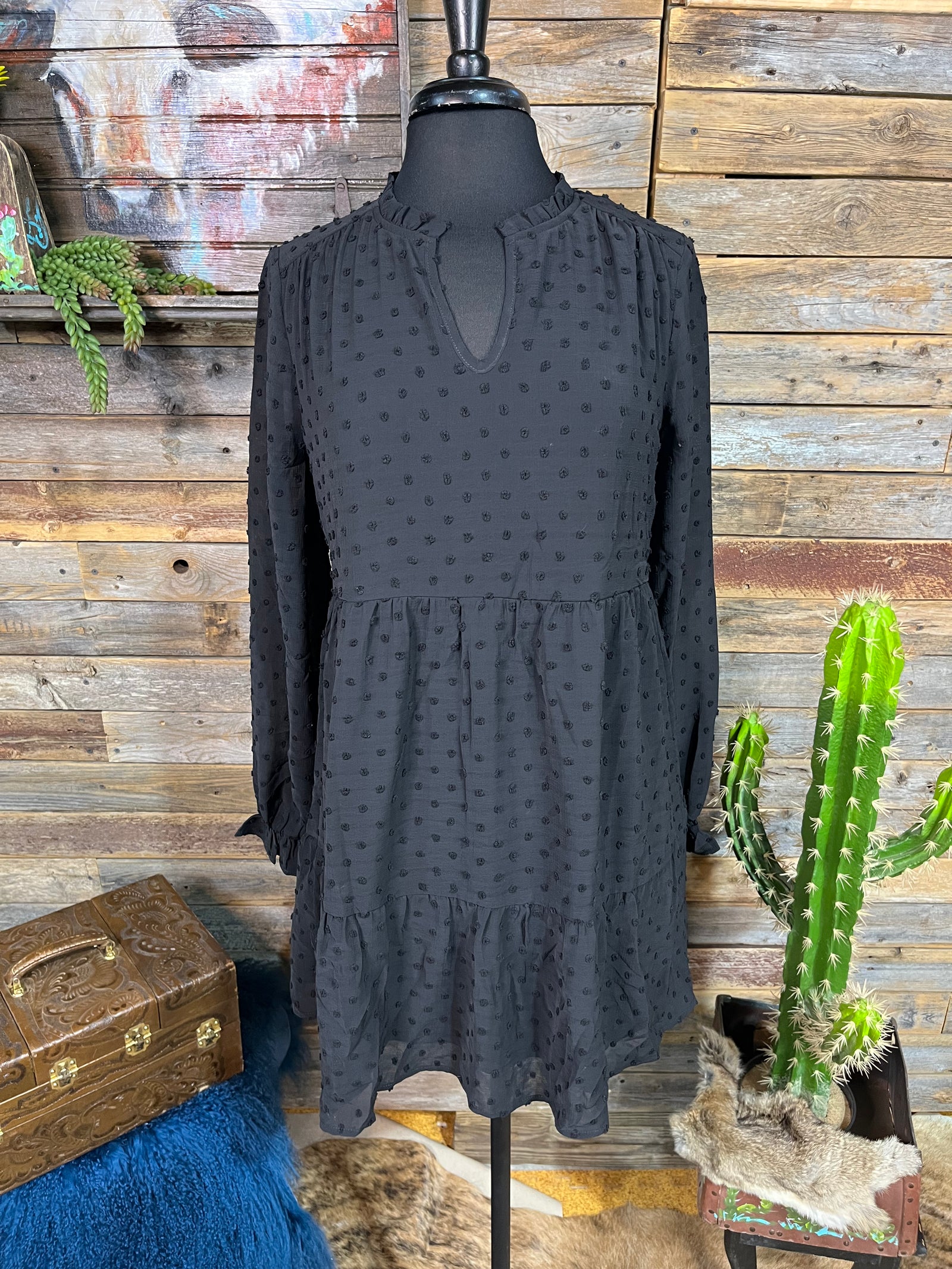 Sara Textured Dot Chiffon Long Sheer Sleeve Babydoll Dress