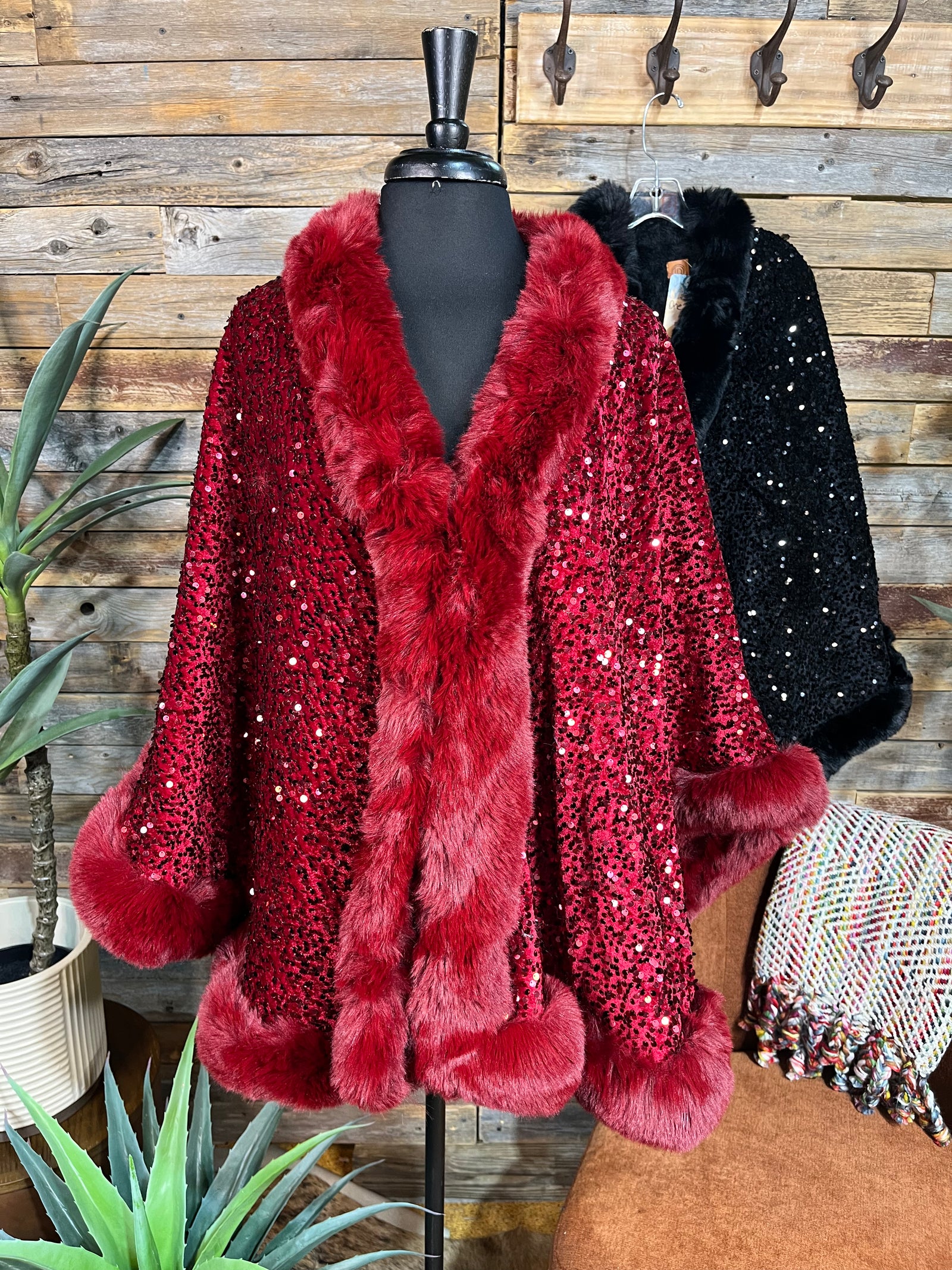 Layla Sequin Faux Fur Trim Cape