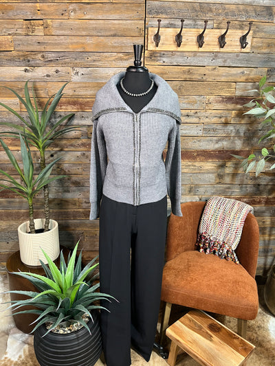 Embellished Zip Up Lapel Collared Cardigan - Gray