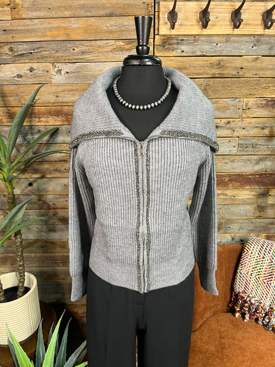 Embellished Zip Up Lapel Collared Cardigan - Gray