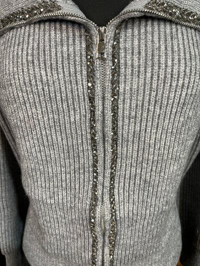 Embellished Zip Up Lapel Collared Cardigan - Gray