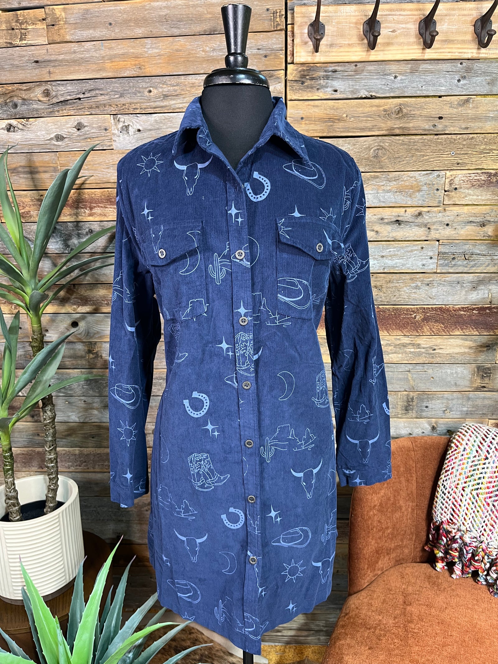 Western Graphic Corduroy Blue Dress