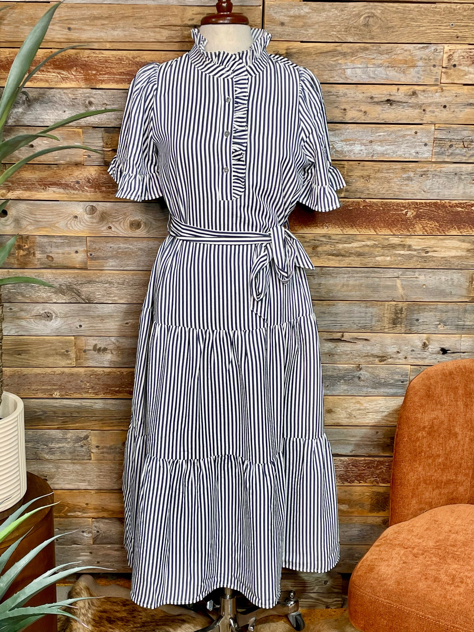 Matty Navy Striped Ruffled Neck Dress