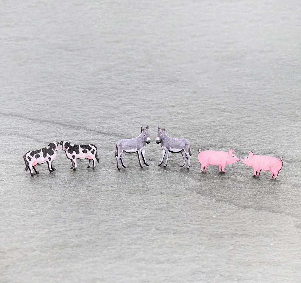 Down on the Farm Cow, Pig, Donkey Wooden Animal Stud Earrings Set