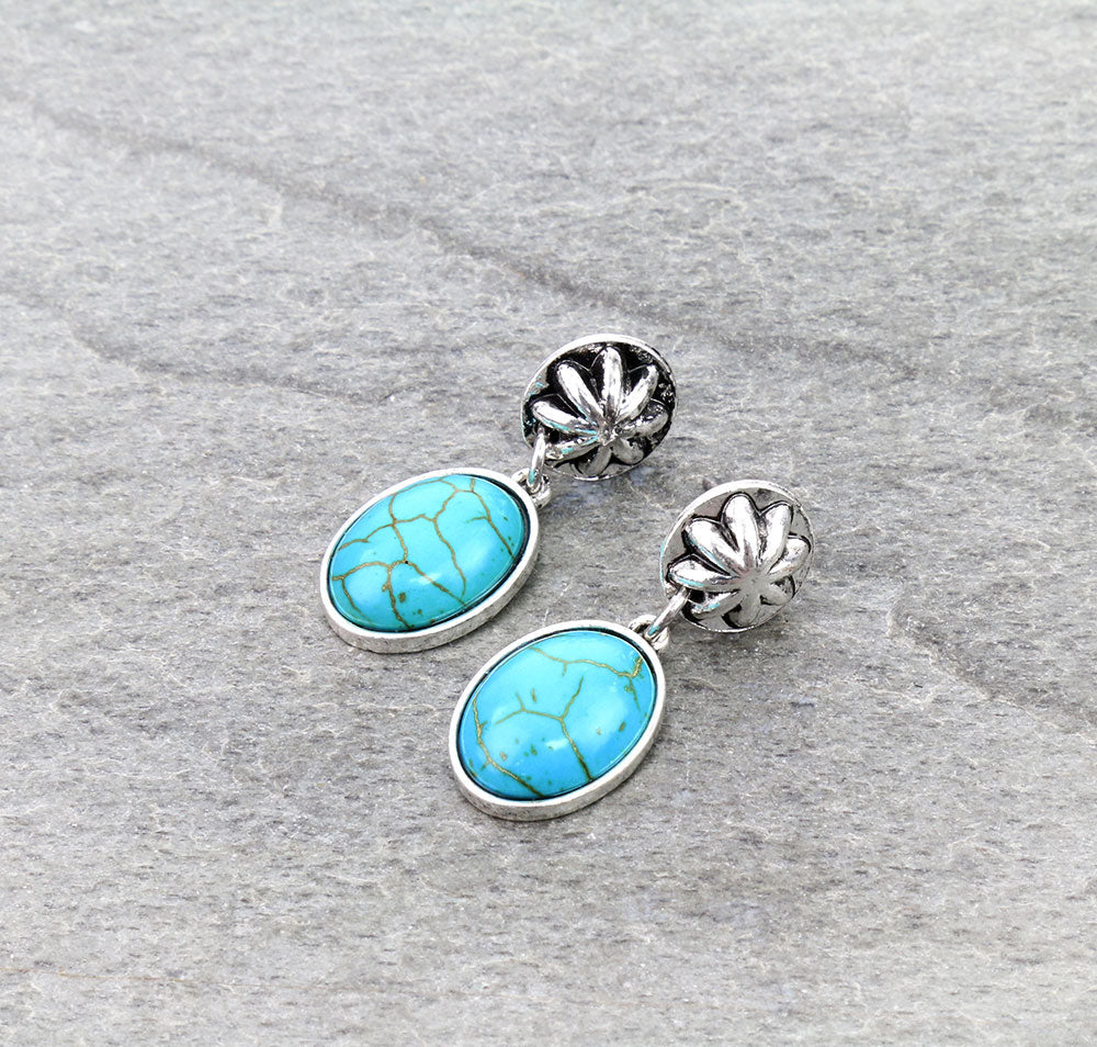 Fashion turquoise earrings. Concho post oval drop.