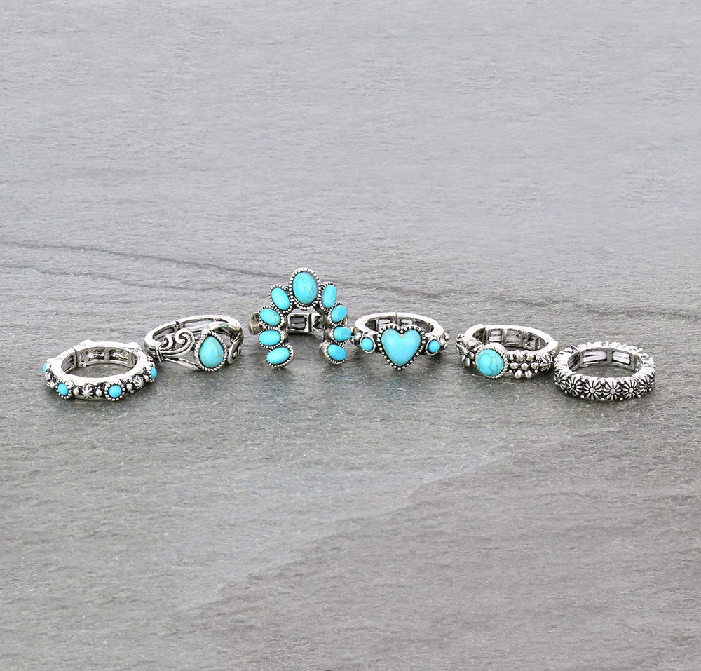Court of Fashion 6 Piece Stretch Ring Set - Turquoise