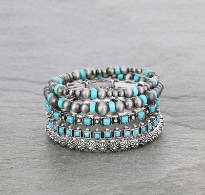 Donna Ana Square Stone Stackable Stretch Bracelet Set - Turquoise