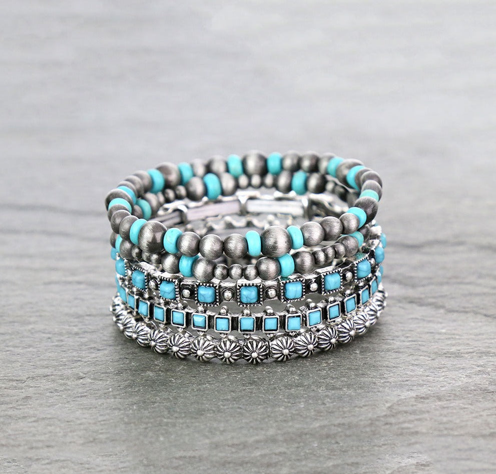 Donna Ana Square Stone Stackable Stretch Bracelet Set - Turquoise