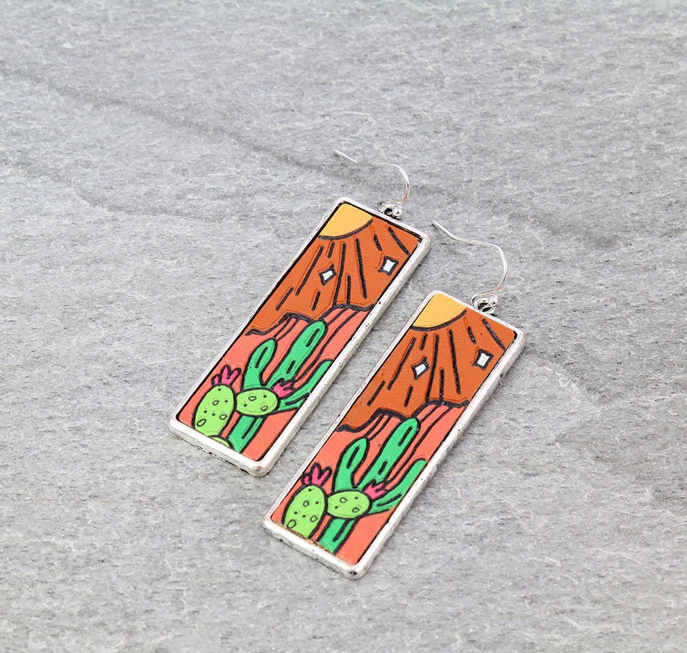 Itasca Rectangle Fashion Silver Framed Leather Desert Scene Earrings