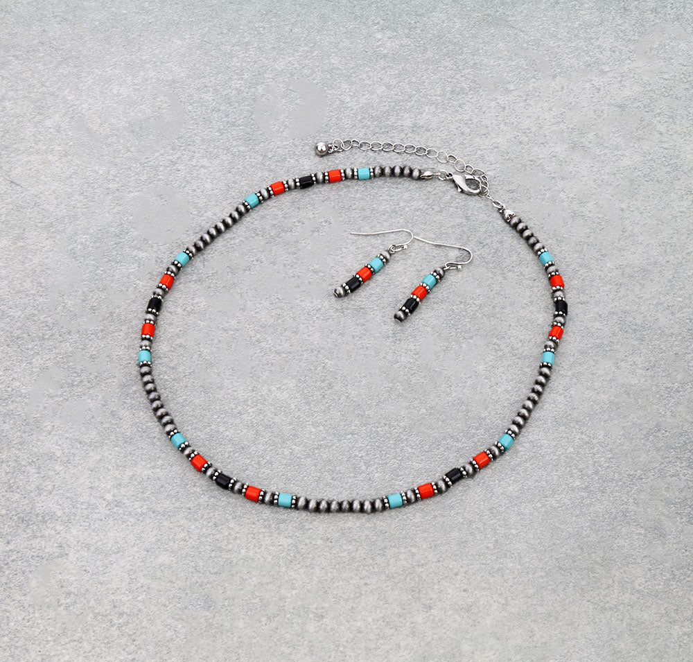 Acton Red, Turquoise & Black Bead Necklace or Earrings - 16"