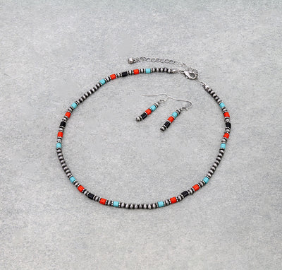 Acton Red, Turquoise & Black Bead Necklace or Earrings - 16"