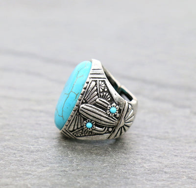 Fashia Stamped Cactus Oval Stone Stretch Ring - Turquoise