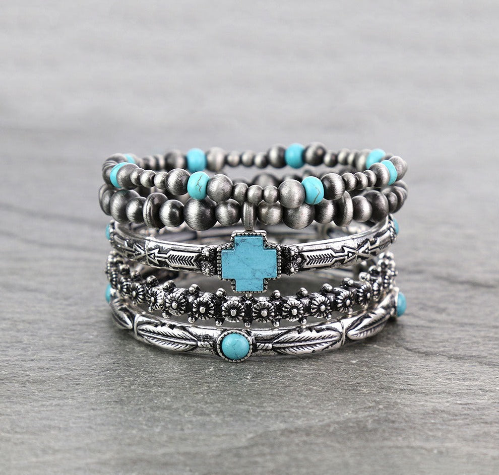 De Baca Cross & Feathers Stackable Stretch Bracelet Set - Turquoise