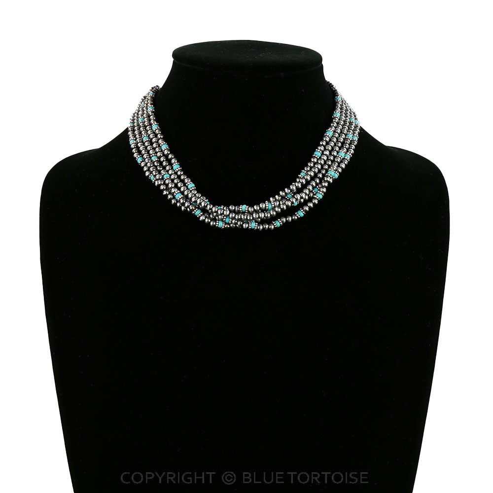 Flint Fashion 5 Strand Silver Bead & Turquoise Necklace - 14"