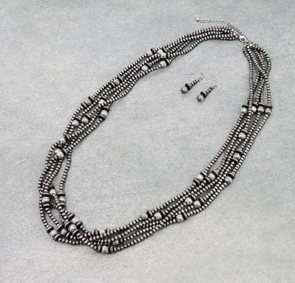 Claudia 5 Strand Fashion Beaded Varied Navajo Necklace & Earrings - Silver