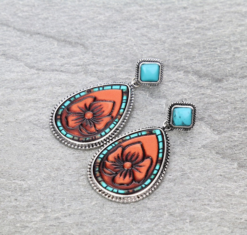Ambria Stone Post Leather Teardrop Earrings - Turquoise