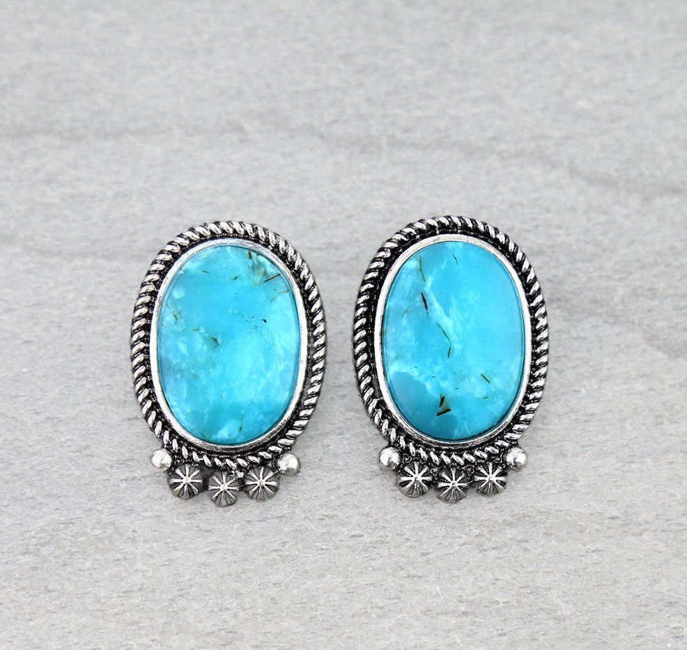Alice Fashion Lower Burst Oval Stud Earrings - Turquoise