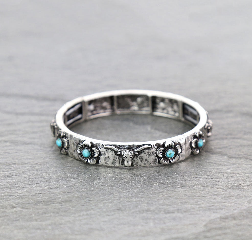 Guadalupe Flower Steer Stretch Bracelet - Turquoise