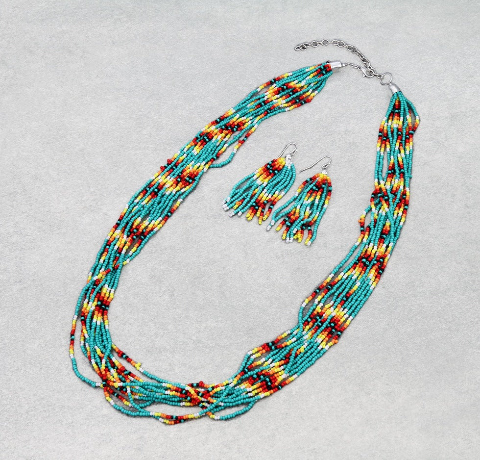 Addison 12 Strand Seed Bead Necklace or Earrings - Turquoise Multi