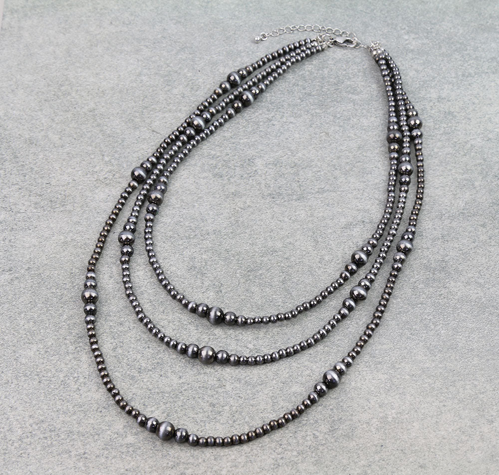 triple strand fashion silver bead necklace