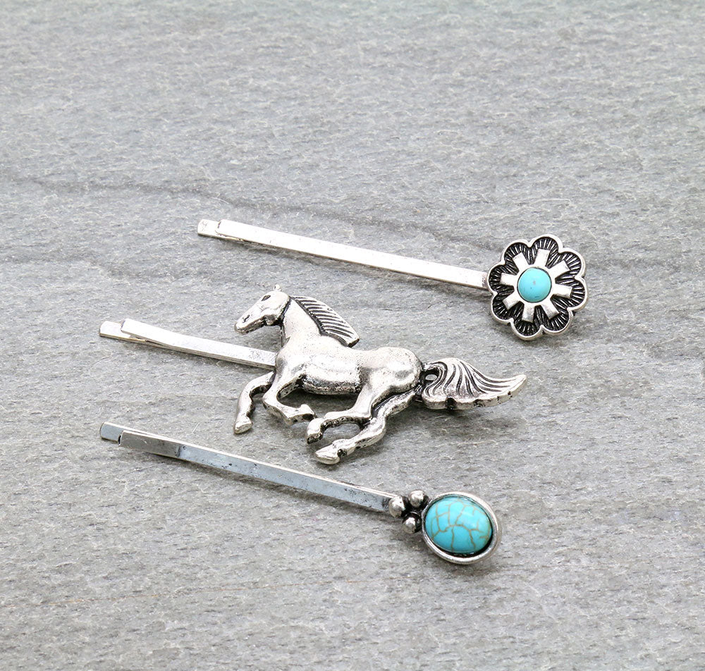 Francine 3 Piece Horse Flower Stone Hair Pin Set - Turquoise