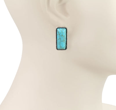 Turquoise stone earring on a mannequin with 'Blue Tortoise' branding.