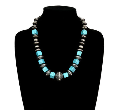 Claudia Large Bead Cube Fashion Silver & Navajo Pearl Necklace - Turquoise