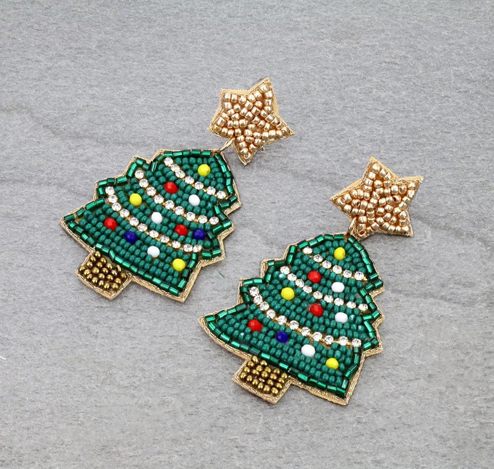 Gold Star Beaded Christmas Tree Earrings