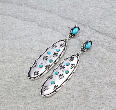 Vega Roped Stone Post Stamped Oval Drop Earrings - Turquoise