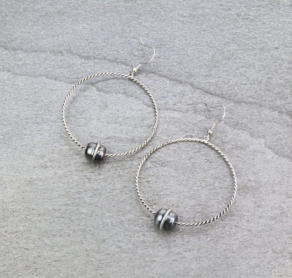 Fashion Silver Twist Hoop Earrings With Lower Barrel Bead