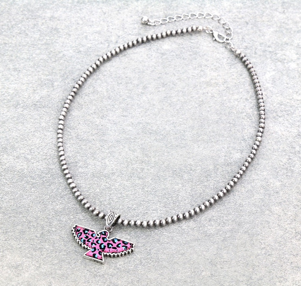 Fly Free 3mm Fashion Navajo Necklace with Leopard Thunderbird Pendant - Pink