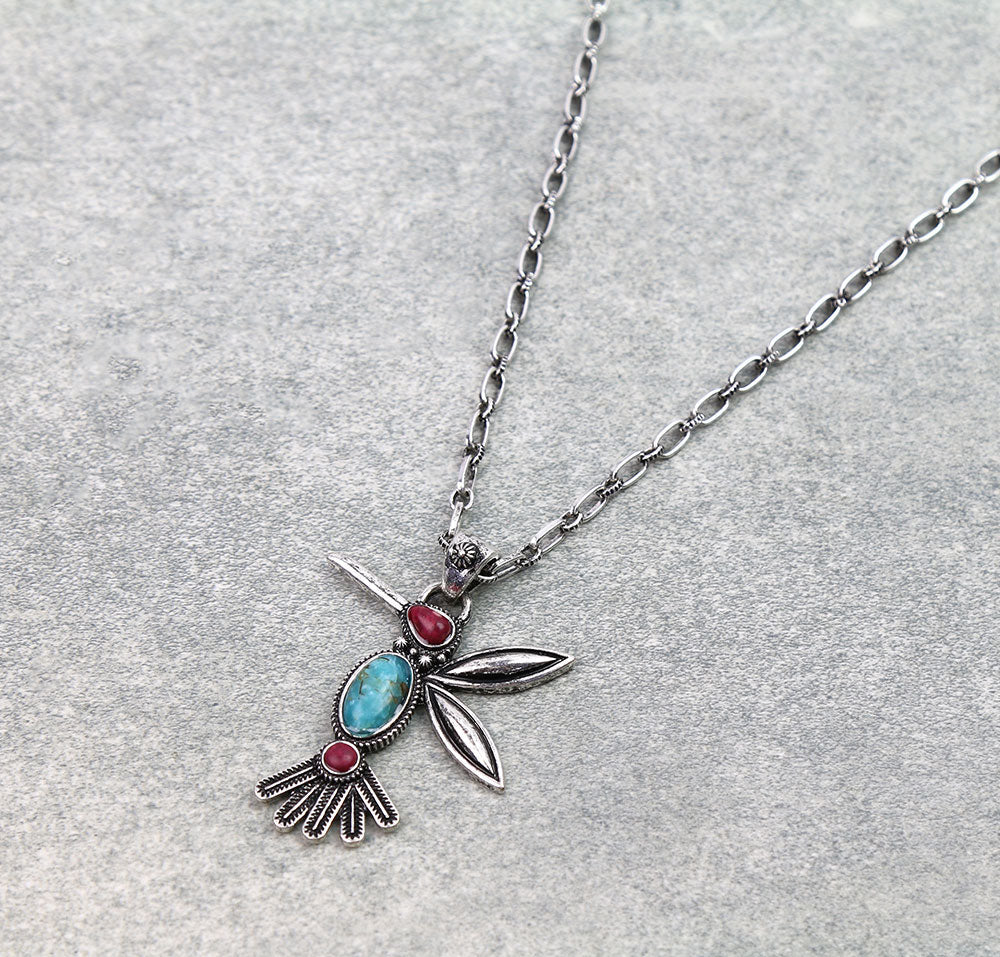 Debbie Fashion Turquoise & Spiny Hummingbird Necklace - 18"