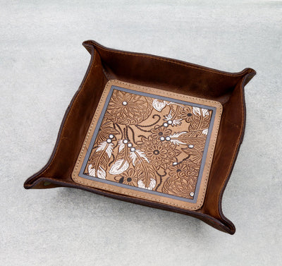 Brown leather tray with dream catcher & feathers tooled design