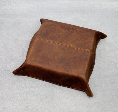 back of brown leather tray