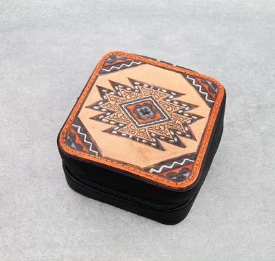 Leather case with geometric pattern on a gray background