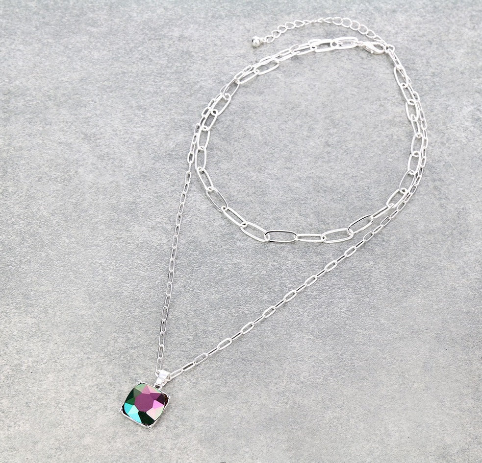 Square Set Rhinestone Pendant Layered Necklace