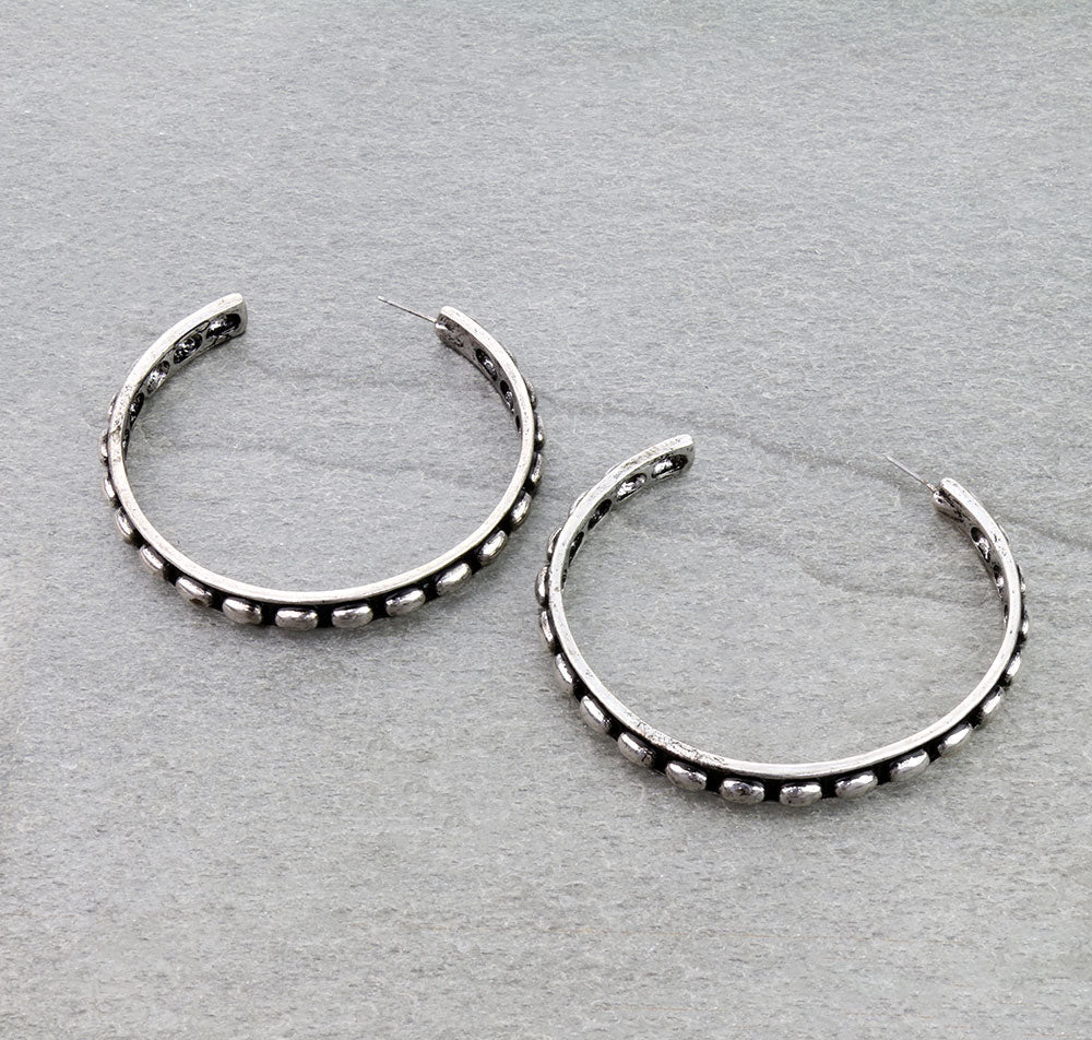 Brigette Fashion Silver Studded Hoop Earrings - 2.25"