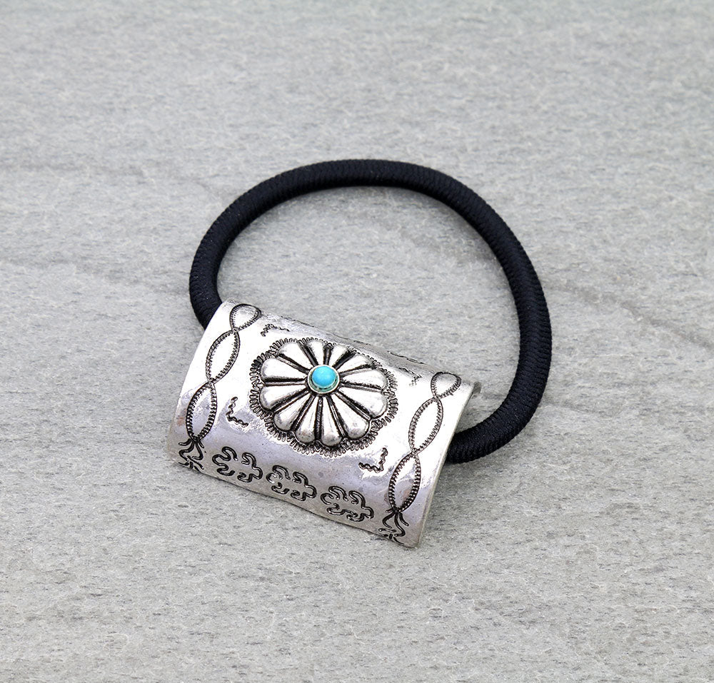 Colton Floral Rectangle Concho Fashion Hair Tie - Turquoise