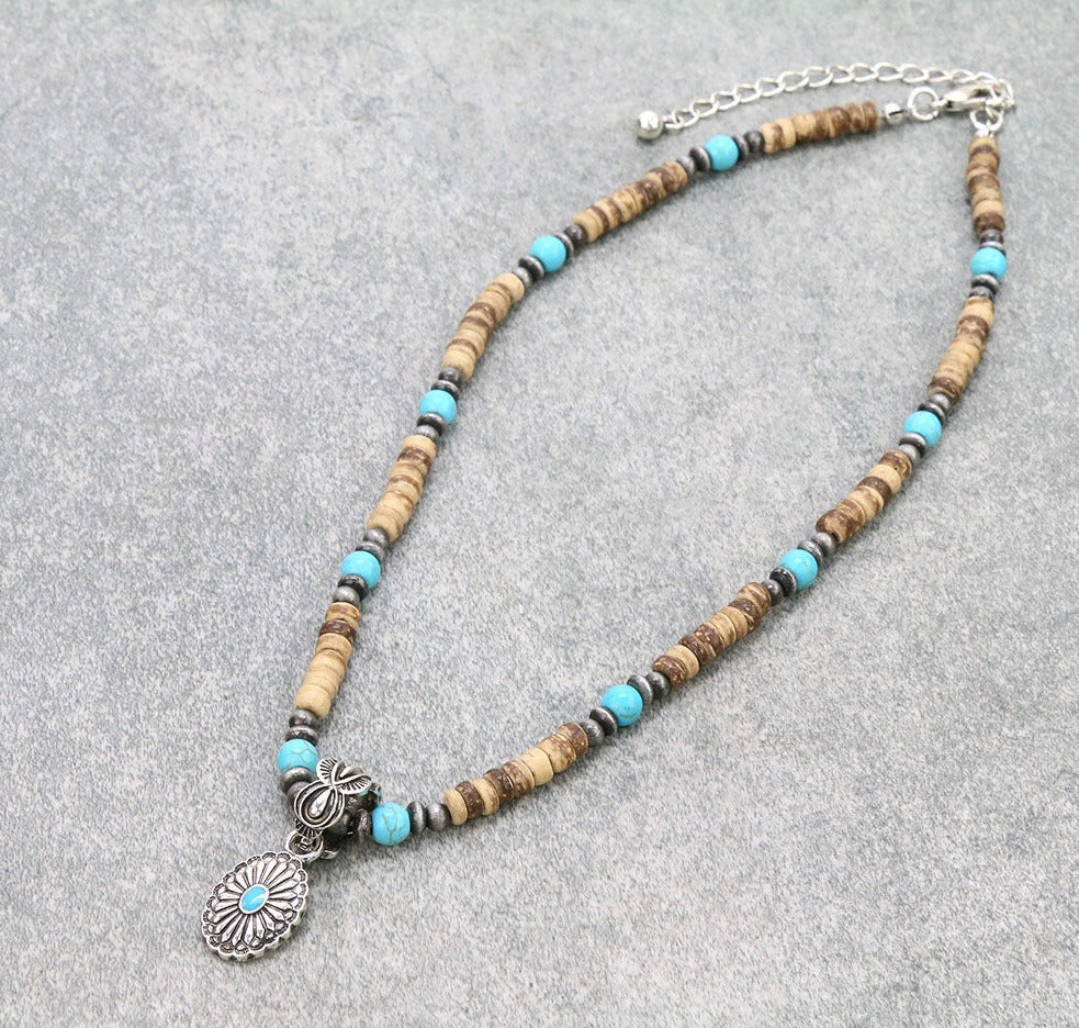 Dallas Fashion Concho Wood Bead Necklace - Turquoise