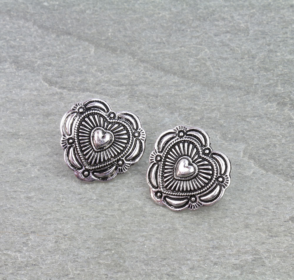 Heart Concho Fashion Silver Stud Earrings