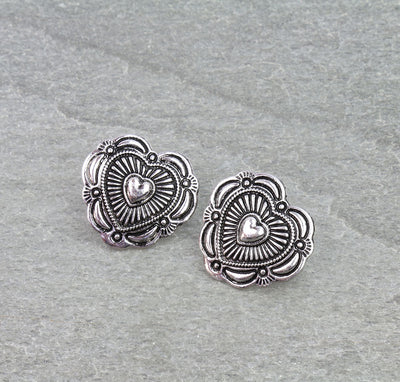 Heart Concho Fashion Silver Stud Earrings