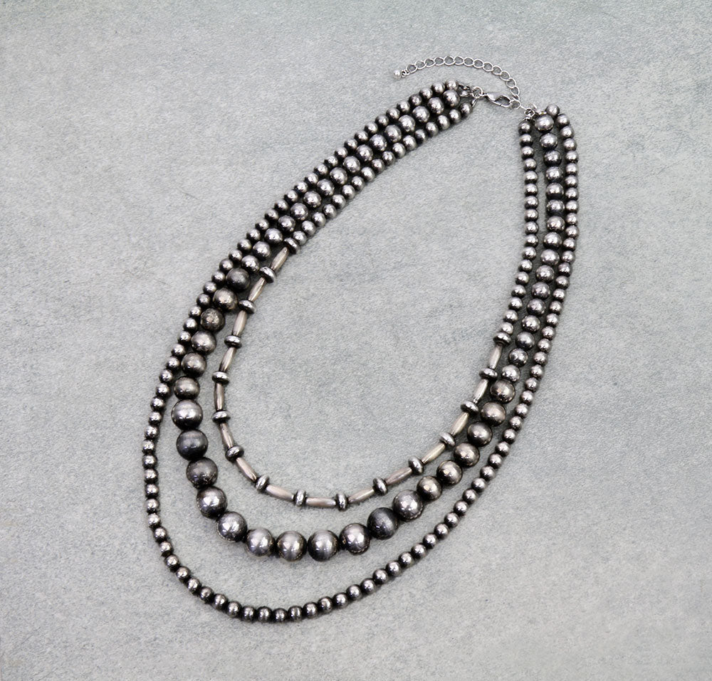 Mulberry 3 Layer Varied Fashion Silver Bead Necklace