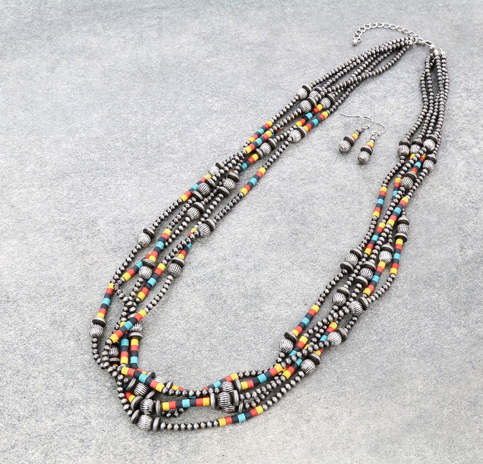 Aralia 5 Strand Fashion Beaded Varied Navajo Necklace, Earrings & Bracelet - Multi