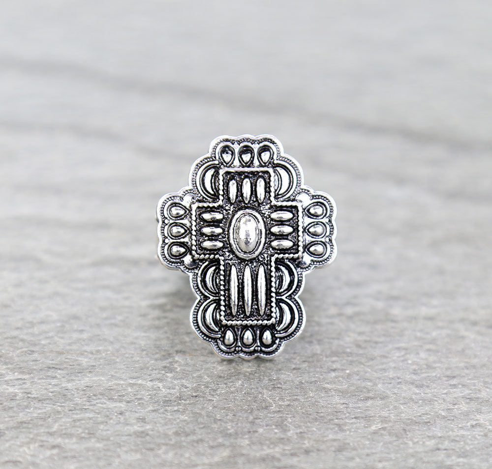 silver stretch cross ring on gray background