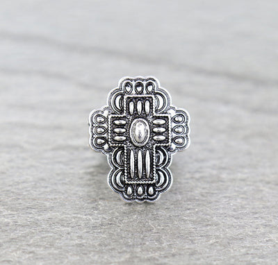 silver stretch cross ring on gray background