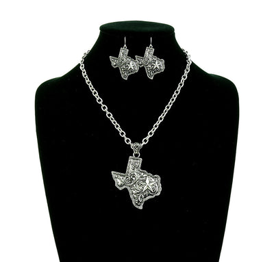 silver texas necklace & fish hook earrings on a black jewelry bust