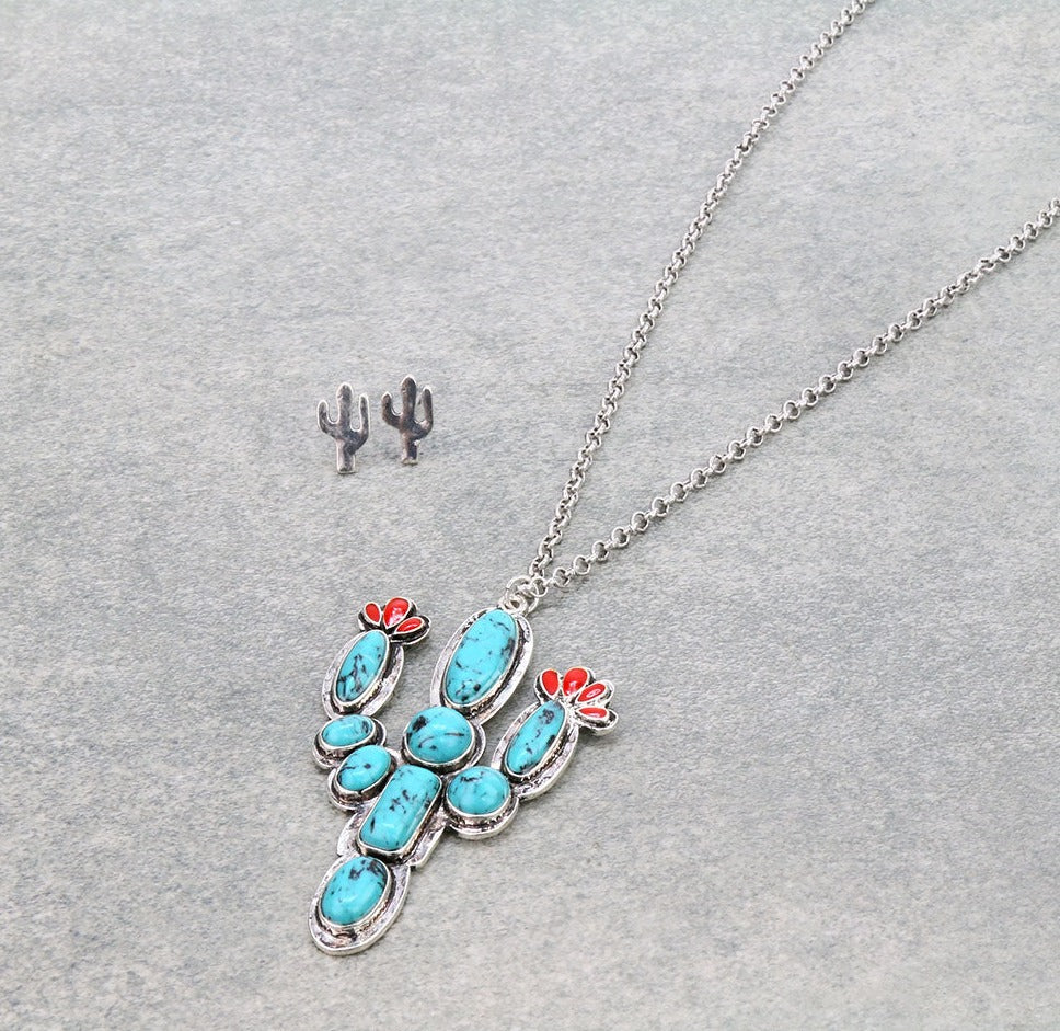 Lolita Fashion Silver Link Chain With Stone Cactus Pendant & Earrings