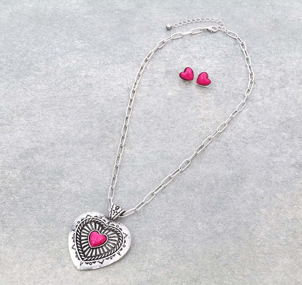 Love is In The Air Stone Heart Necklace & Earrings